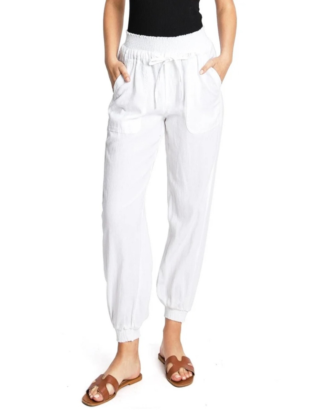 Love Tree High Rise Linen Jogger Pants, White, Size S - Picture 4 of 12